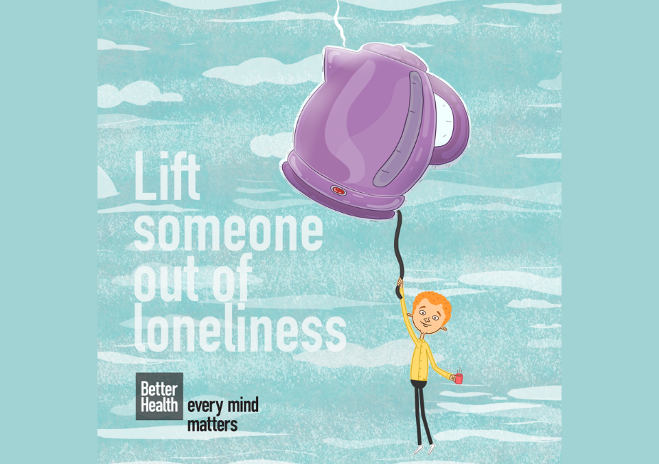 An animated person hangs from a balloon in the shape of a kettle with messages on it. The text says 'lift someone out of loneliness'