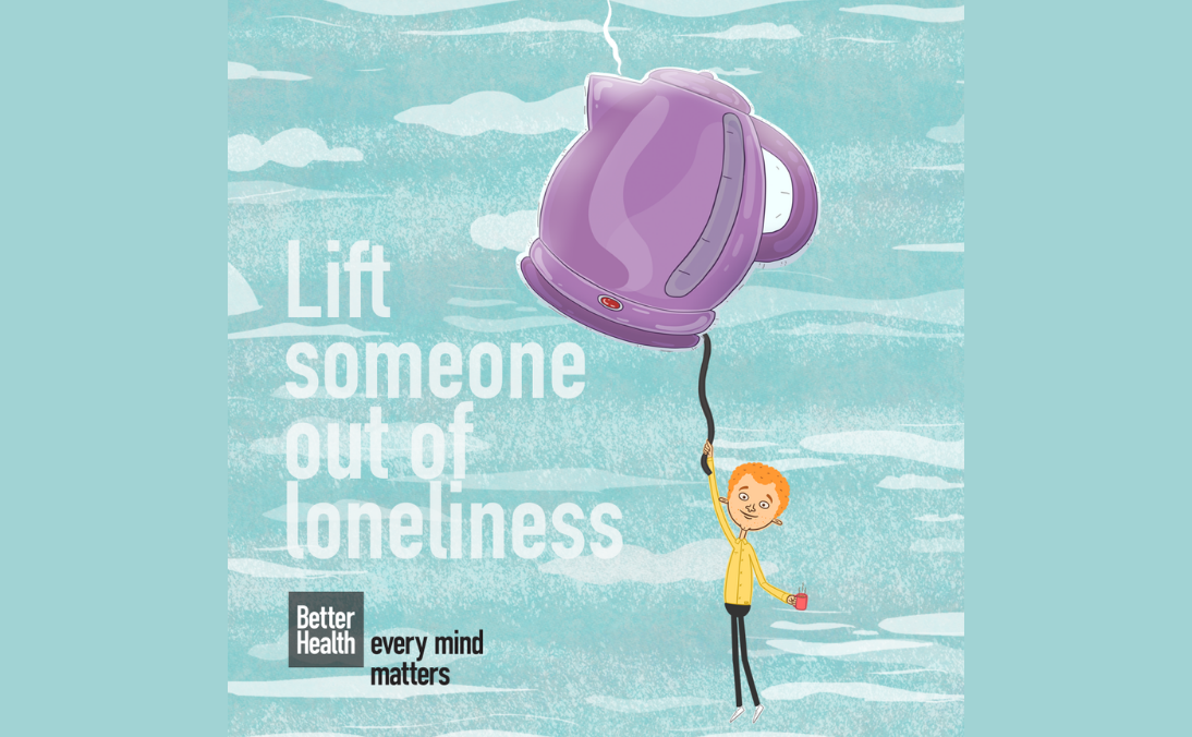 An animated person hangs from a balloon in the shape of a kettle with messages on it. The text says 'lift someone out of loneliness'